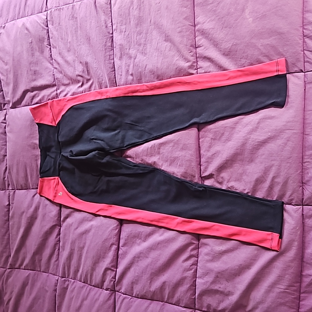 Brasil Sul long black leggings w bright coral / pink bold side stripe size SM